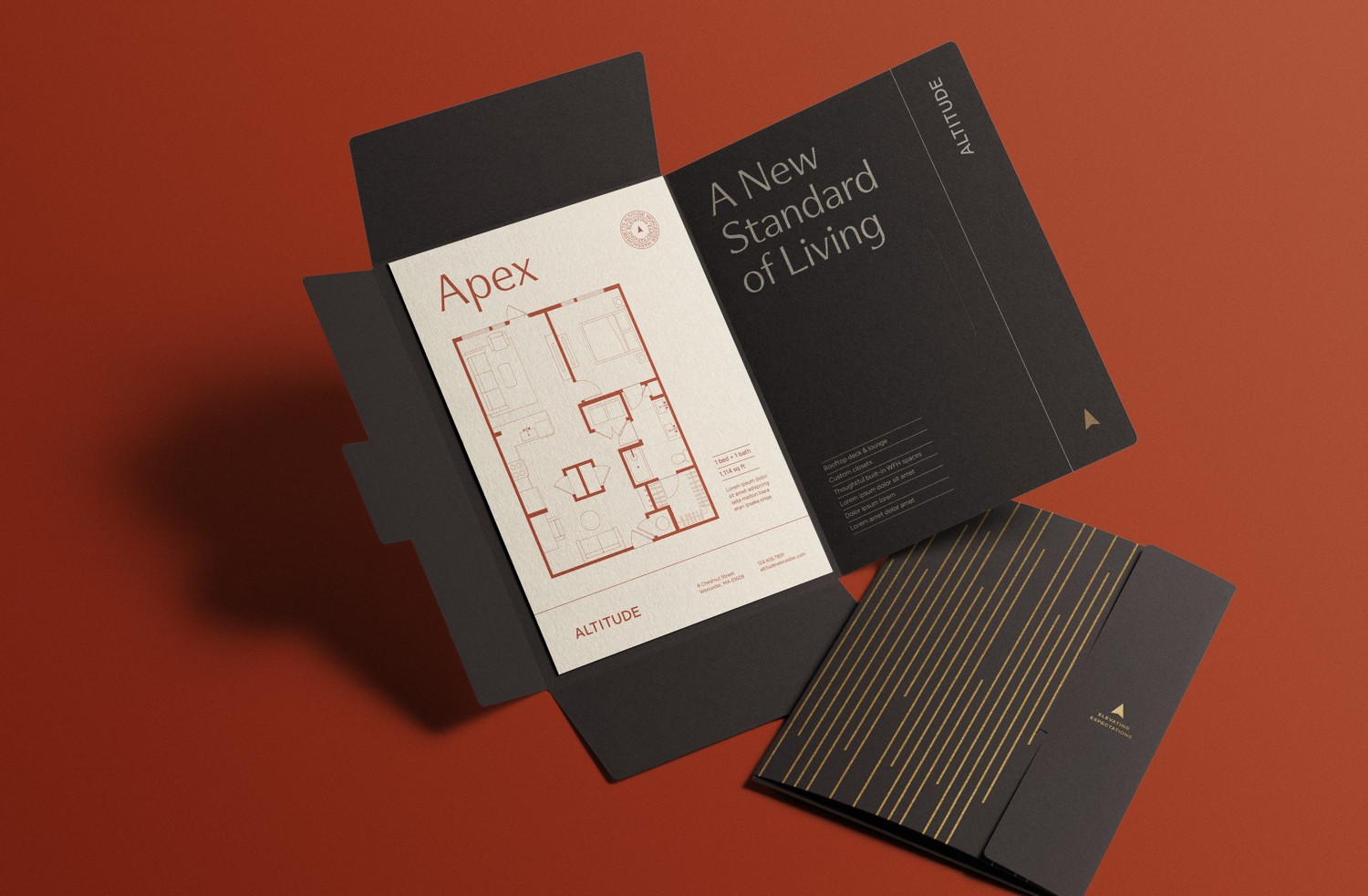 Altitude branded leasing brochure with apartment floor plan and printed collateral