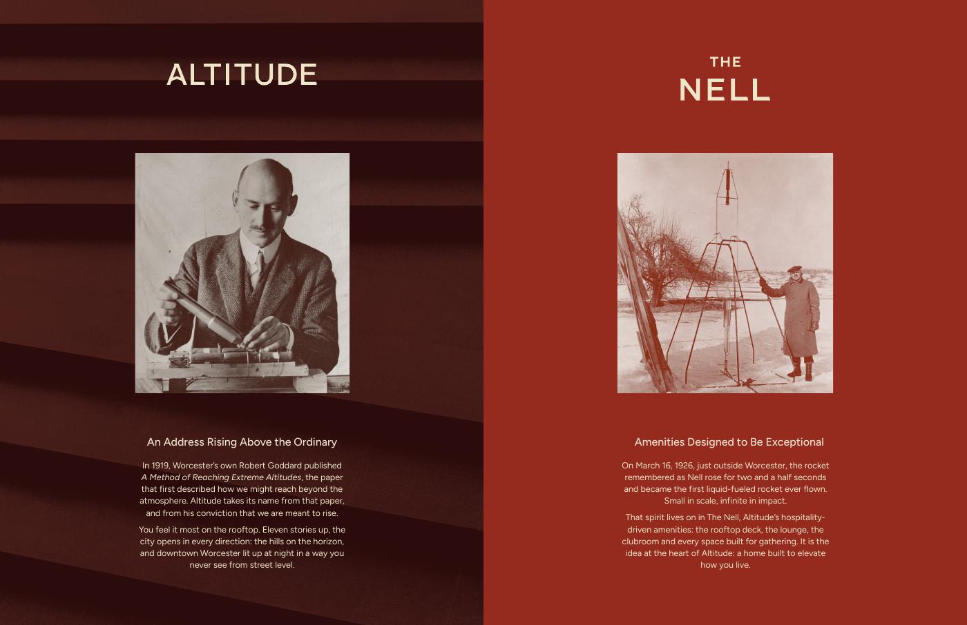 Altitude brand story spread connecting Robert Goddard and The Nell amenity concept